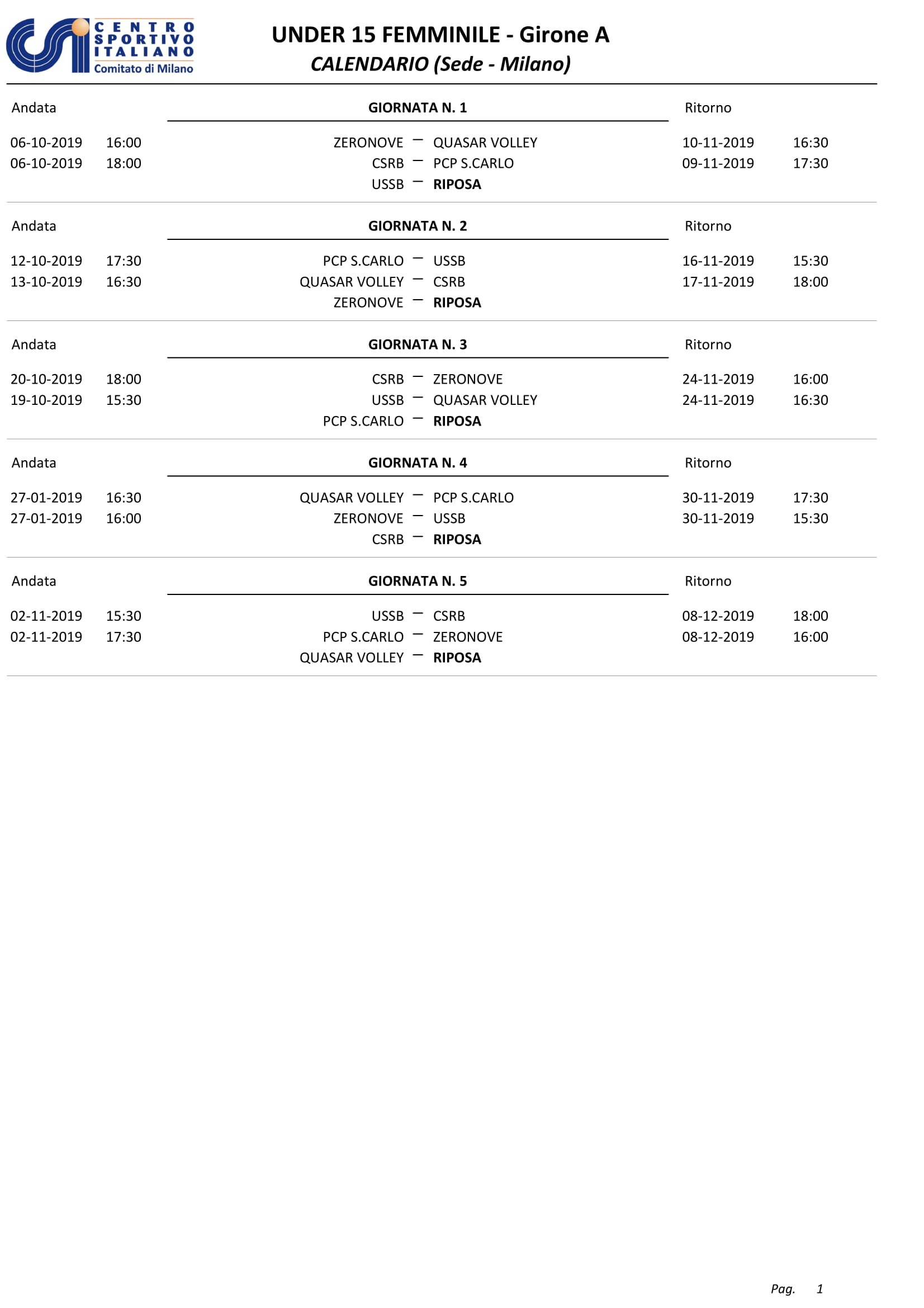 Calendario partite Allieve